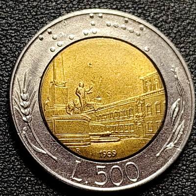 泉币菌-第84场-散币乐园场  世界首枚双色币 意大利1989年500里拉 罗马建筑雕像 广场 25.8mm