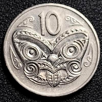 泉币菌-第82场-散币乐园场 - 英属新西兰 10分硬币 毛利人面具 伊丽莎白二世 女王24mm