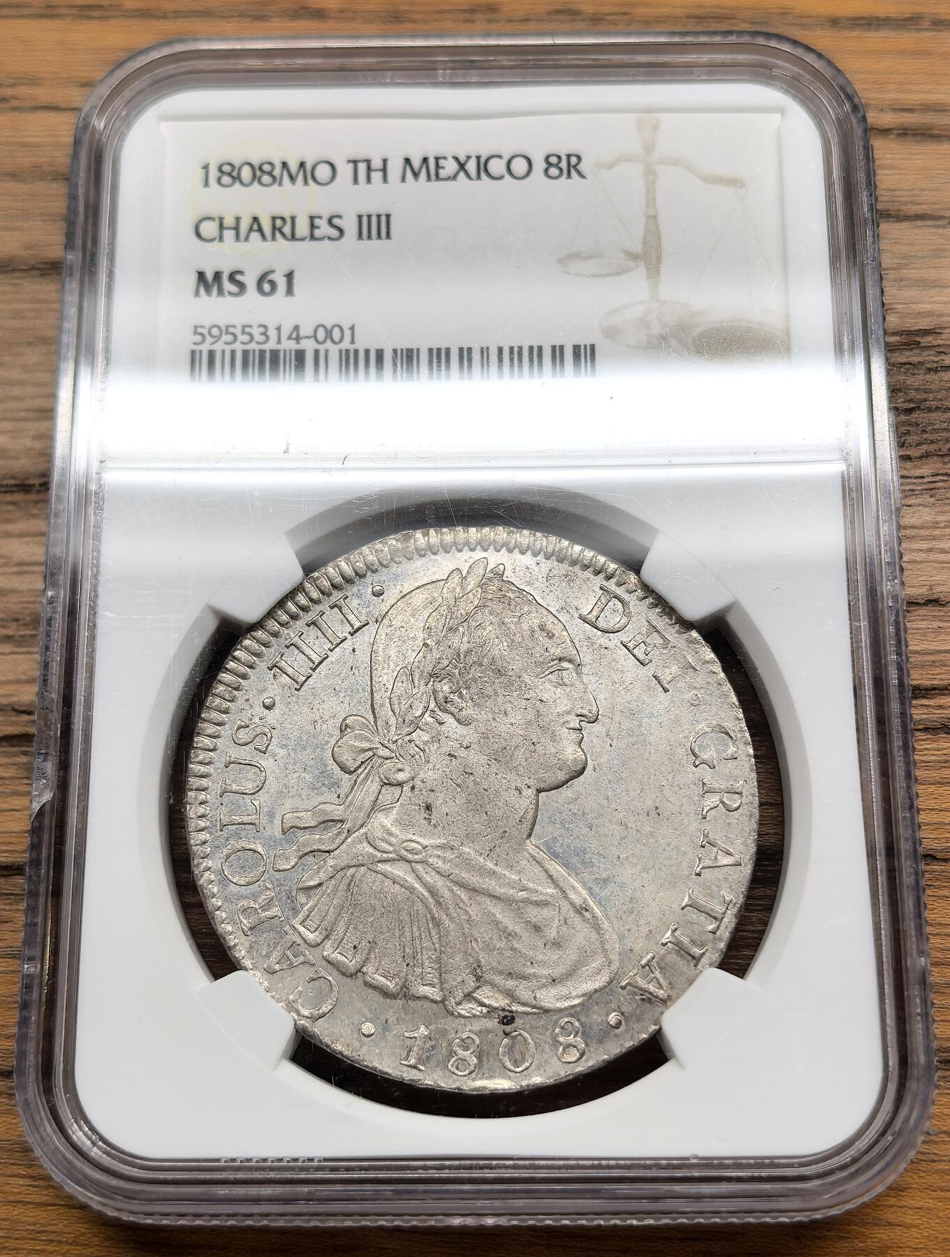 凡希社世界钱币微拍第三百零九期 荐！1808墨西哥卡四双柱NGC-MS61，原银光全深打，实物不输62的收藏级品质！（视频参考）