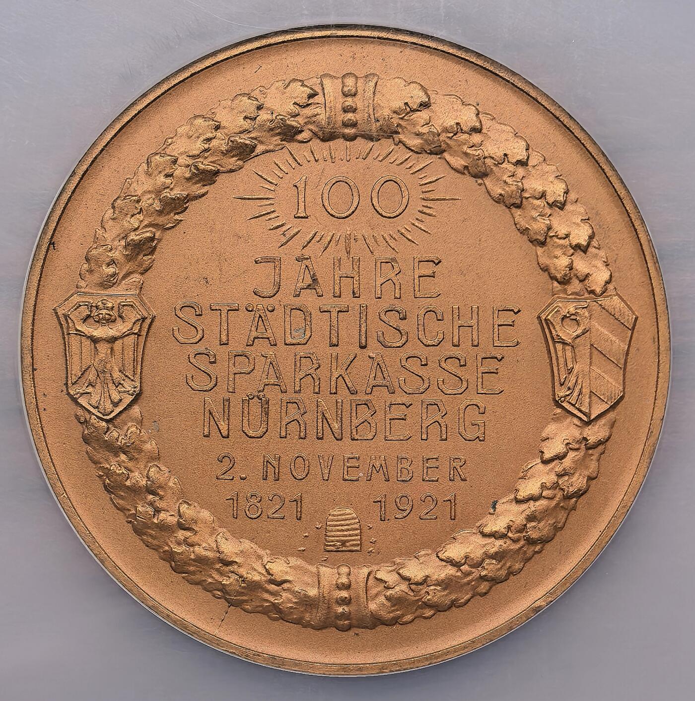 凡希社世界钱币微拍第三百零九期 1921德国纽伦堡储蓄银行成立百年纪念铜章NGC-MS65