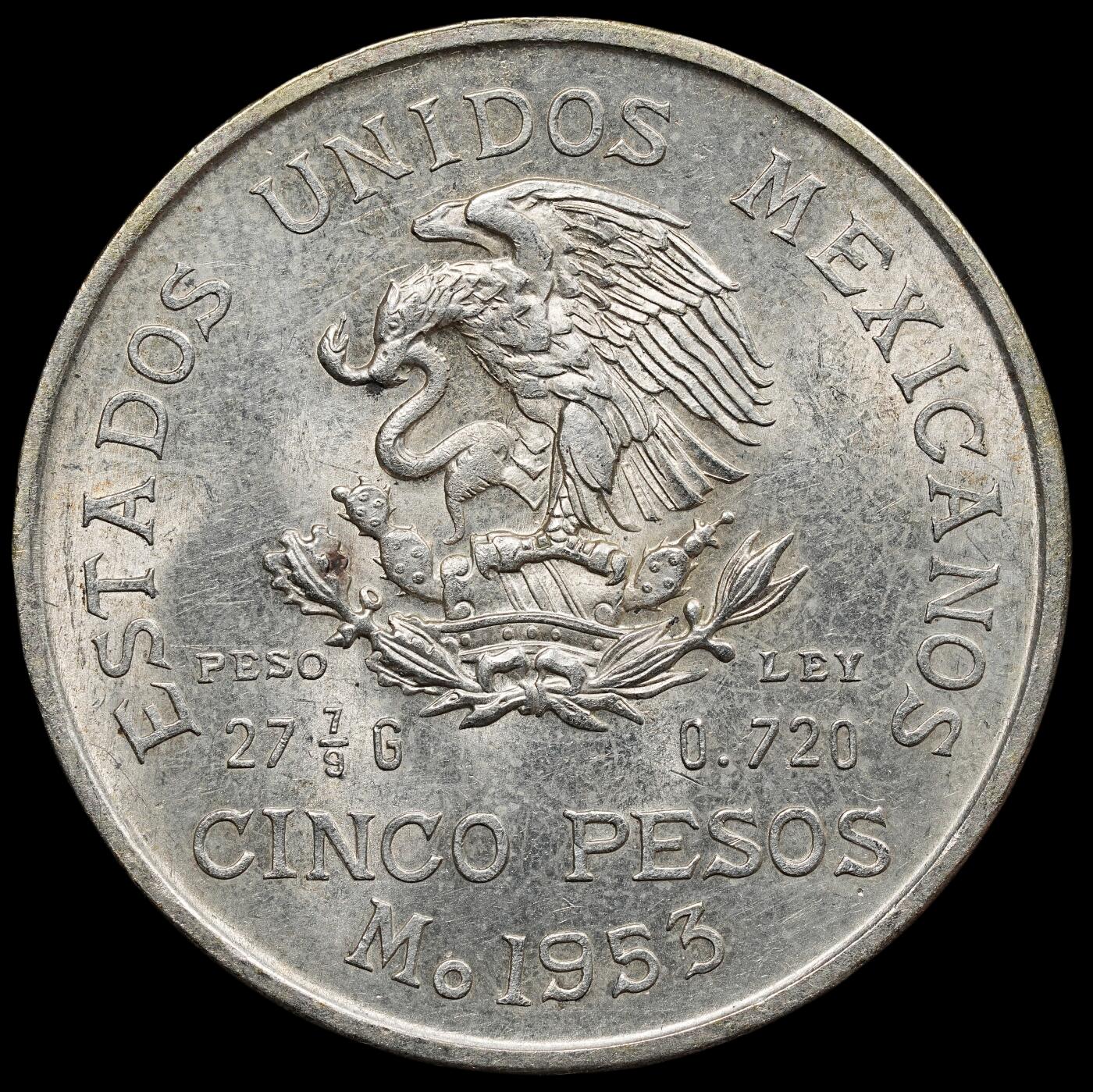 修遠堂世界钱币第八十期 1953年墨西哥-国父伊达尔戈诞辰200周年纪念5比索大银币 27.78g，含银72%