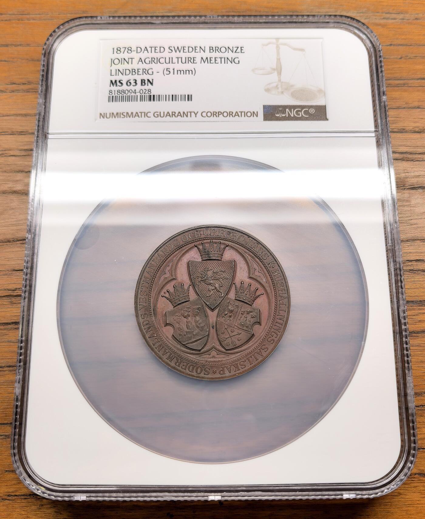 凡希社世界钱币微拍第三百零九期 1878瑞典农业联席会议纪念大铜章NGC-MS63