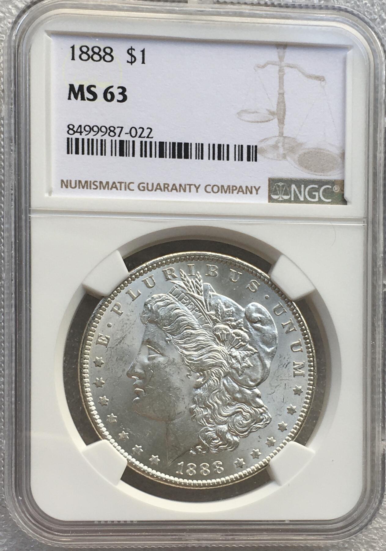 NGC MS63分1888年美国摩根女神一元银币 