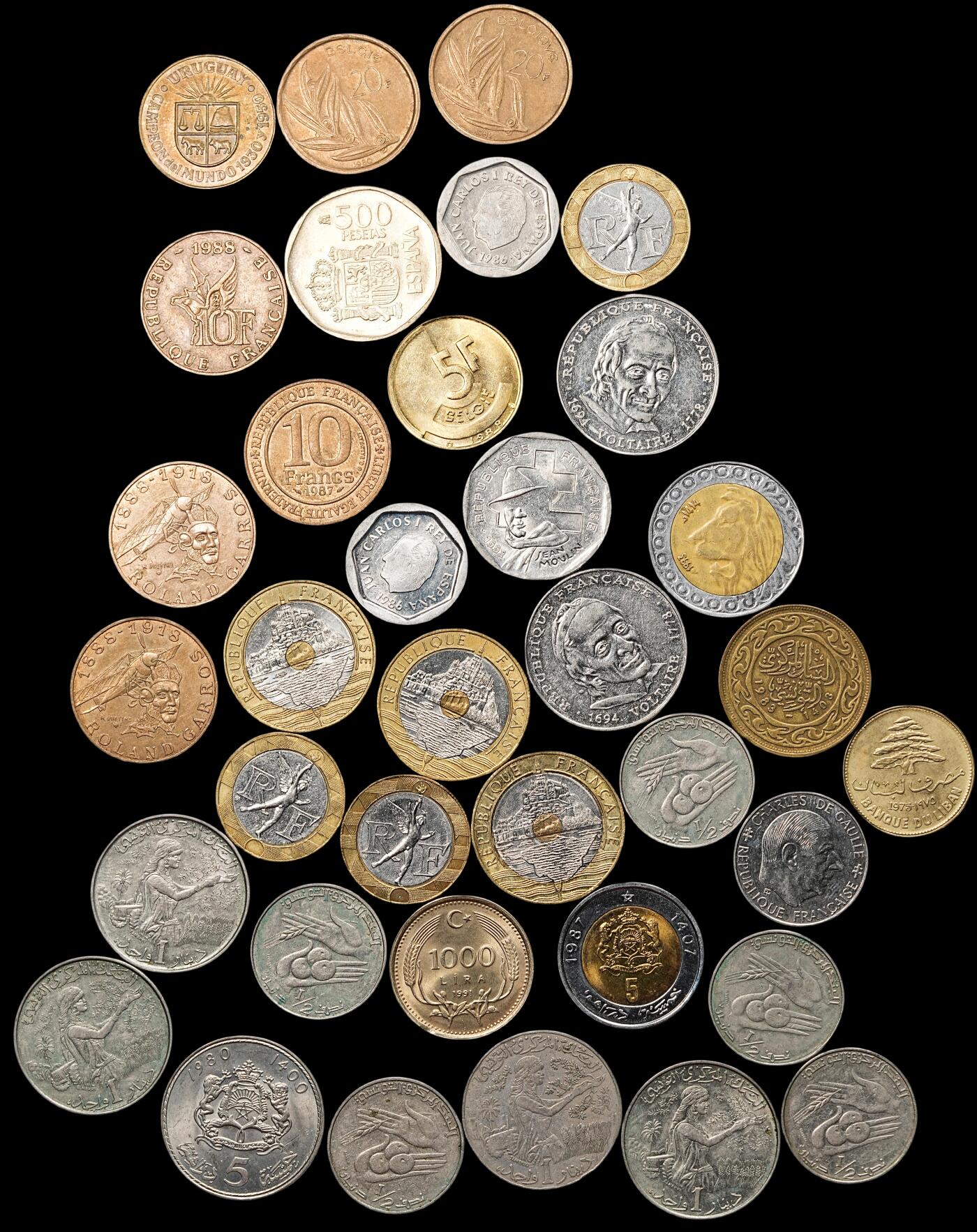 修遠堂世界钱币第八十期 法国，比利时，土耳其，突尼斯等国硬币一组