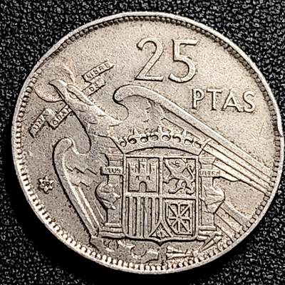 泉币菌-第80场-散币乐园场 - 大镍币 西班牙1957年25比萨塔 佛朗哥头像 铜镍币 26.5mm 