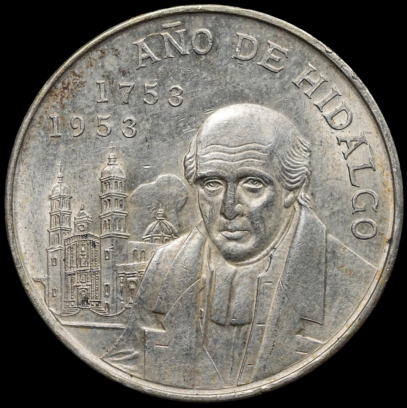 修遠堂世界钱币第八十期 1953年墨西哥-国父伊达尔戈诞辰200周年纪念5比索大银币 27.78g，含银72%