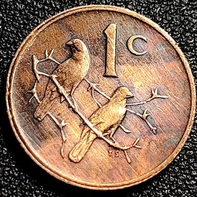 泉币菌-第80场-散币乐园场 - 包浆品 1977年南非1分 麻雀盾徽 青铜币  袖珍币
