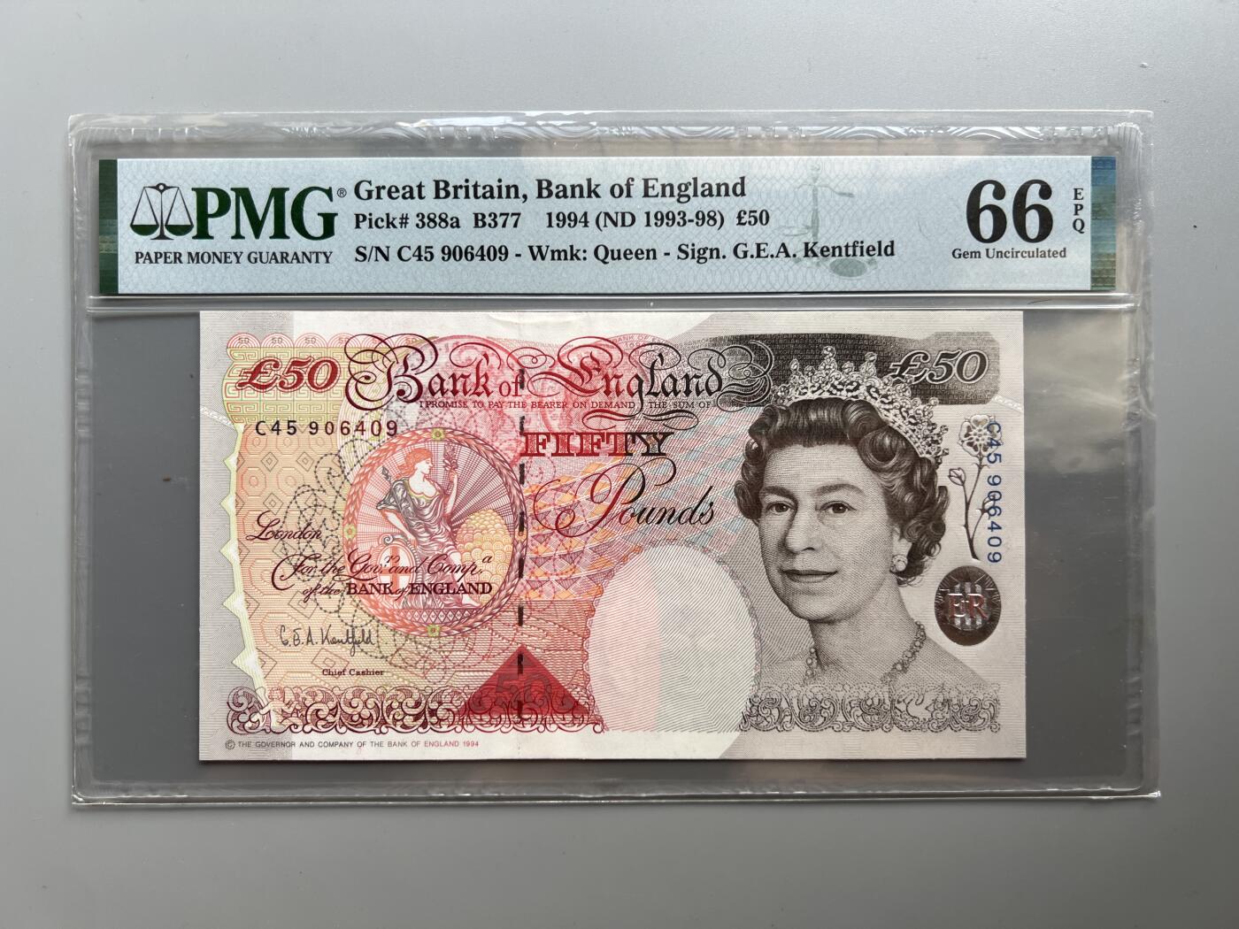 PMG 66EPQ英国1994年E系列50英镑纸币 93-98年一签