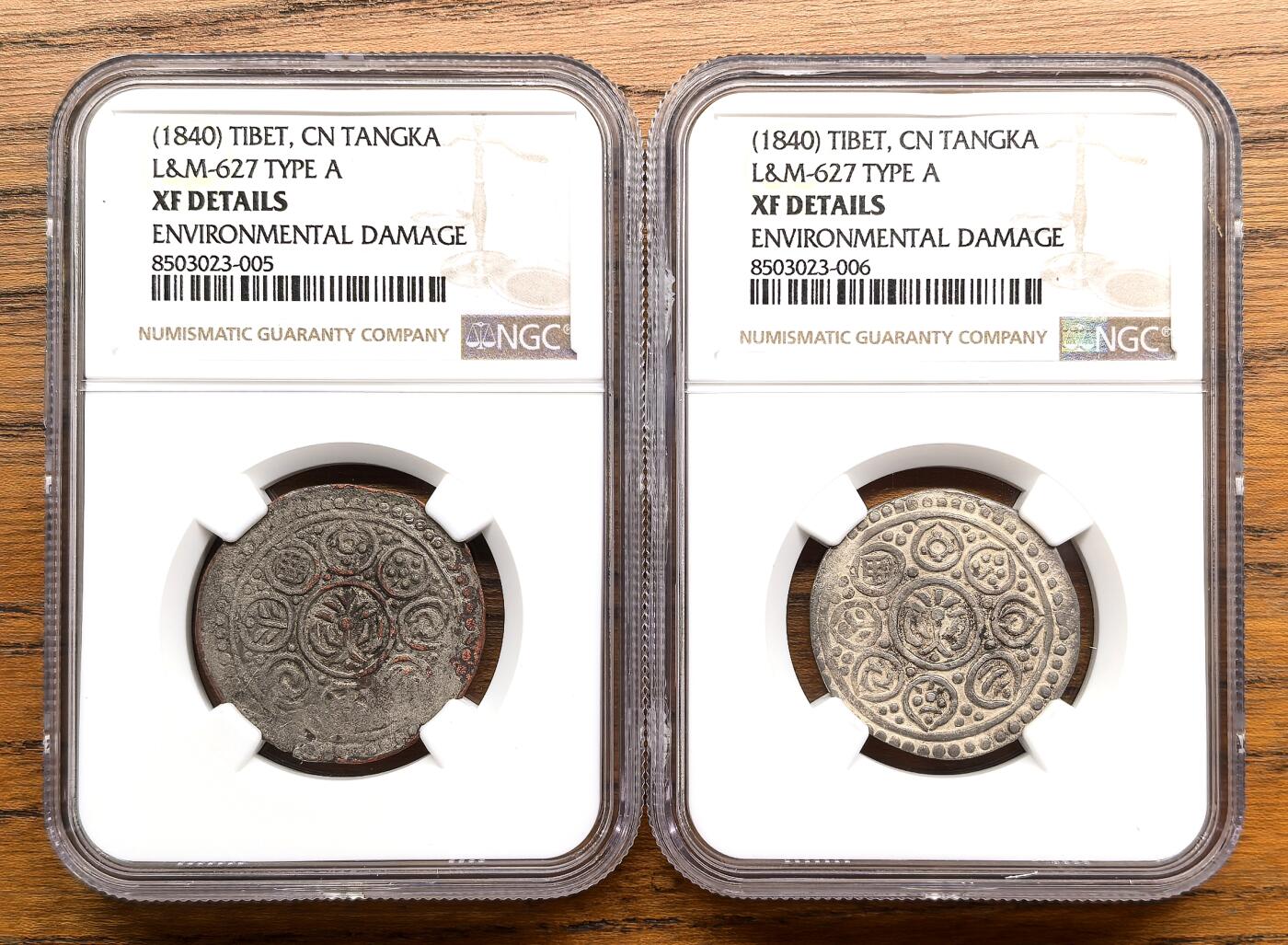 凡希社世界钱币微拍第三百零九期 中国西藏改版久松西竹两枚NGC-XFD，左面那枚为铜铸造镀银，相当少见。
