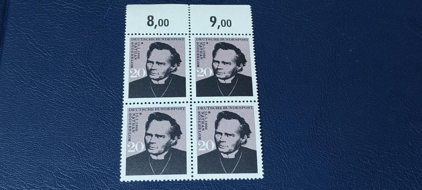 德国邮票专场，都是四方联人物系列 德国邮票四方联一张，1966年发行，诺贝尔和平奖获得者 纳坦.泽德尔布罗姆诞生百年。品相如图