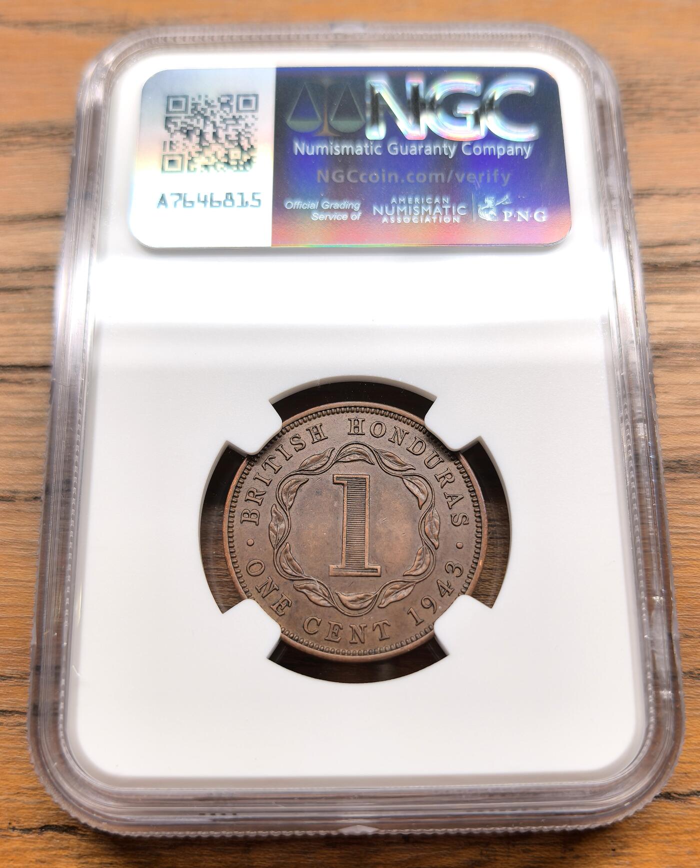 凡希社世界钱币微拍第三百零九期 1943英属洪都拉斯乔六一分NGC-AU55