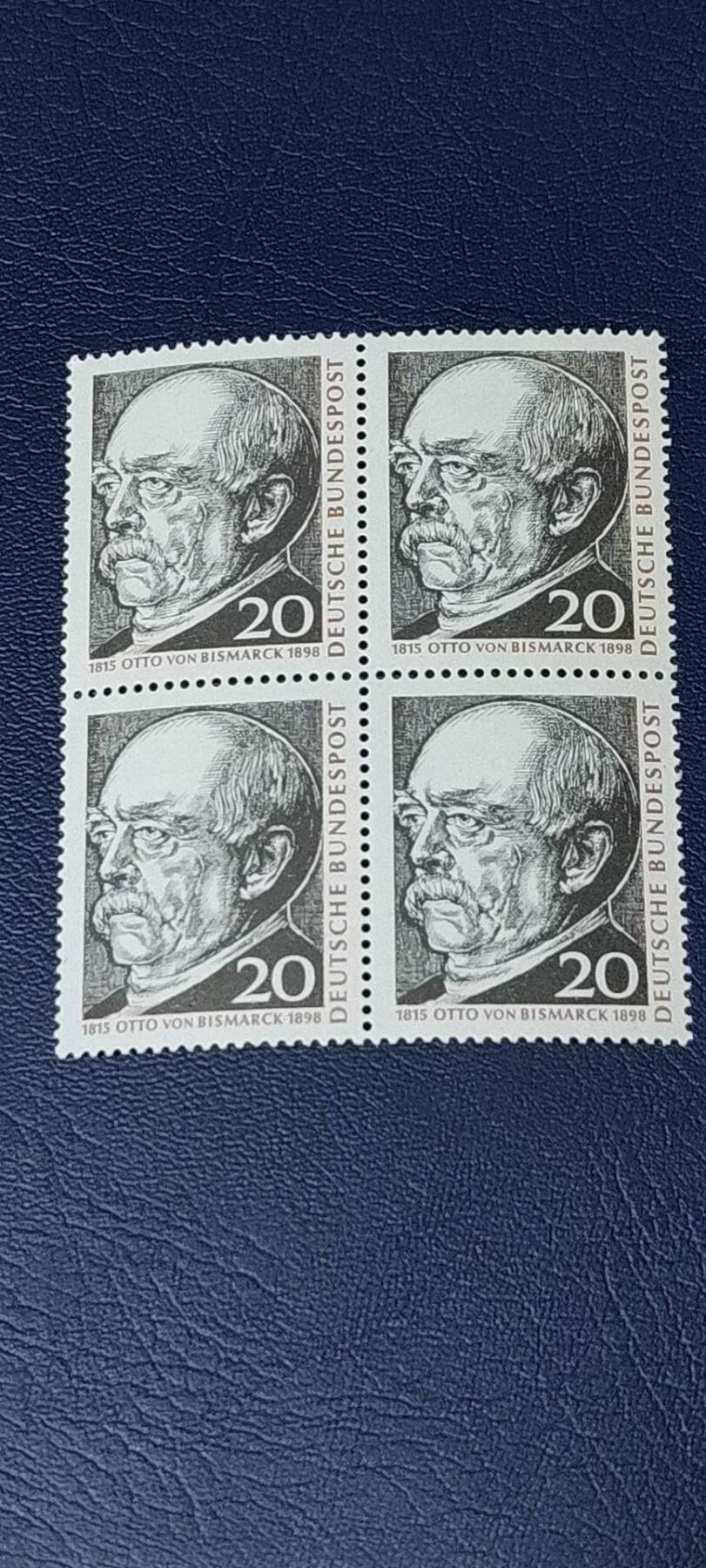 德国邮票专场，都是四方联人物系列 德国四方连邮票，1965年发行：俾斯麦首相诞辰150周年，品相如图