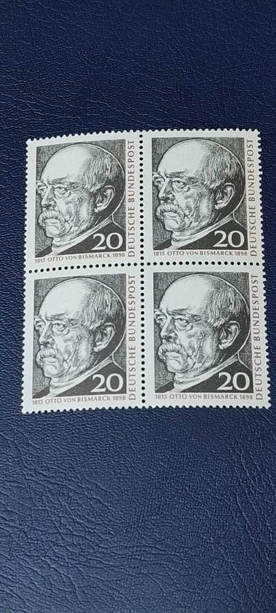 德国邮票专场，都是四方联人物系列 - 德国四方连邮票，1965年发行：俾斯麦首相诞辰150周年，品相如图