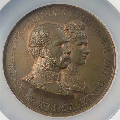 掌中浮雕-藏着的欧洲第033场 - NGC MS62 : 1893年丹麦国王王后访问英国伦敦纪念大铜章，75 mm，金融城系列大章，Eimer记录仅发行450枚