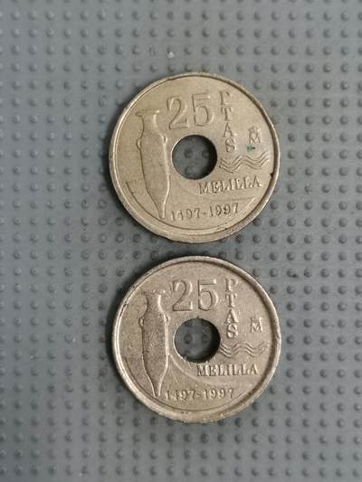 2025年第73场各国散币拍卖（总第73场）15号起休假半月，有发货需求请提前私信 - 西班牙1997年梅利利亚市25比塞塔纪念币2枚
