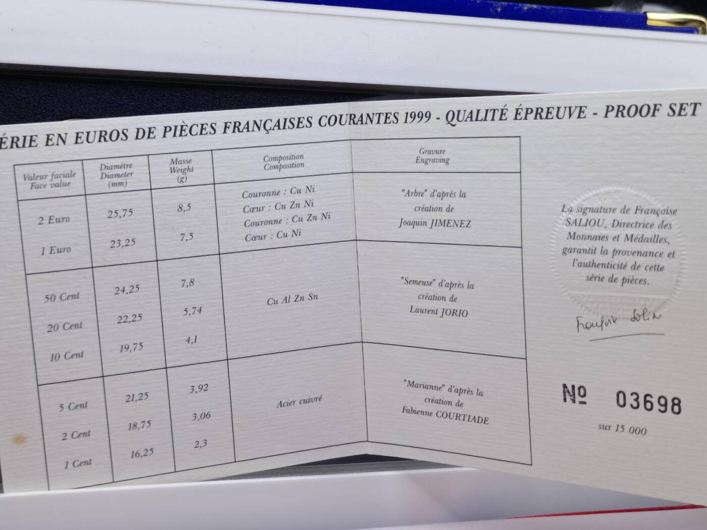 【淘币小摊】实时拍第七百九十五拍   银币套币场   满百包邮可预留二周 每周一统一发货   法国1999年精制欧元套币