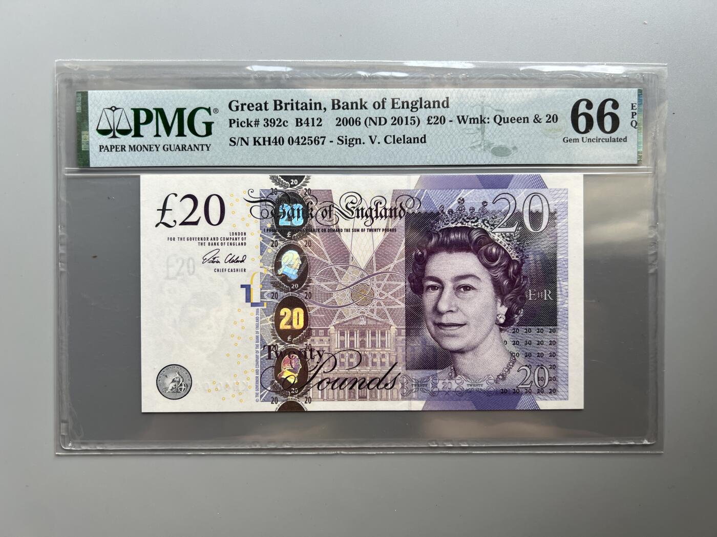PMG 66EPQ英国2015年F系列20英镑纸币