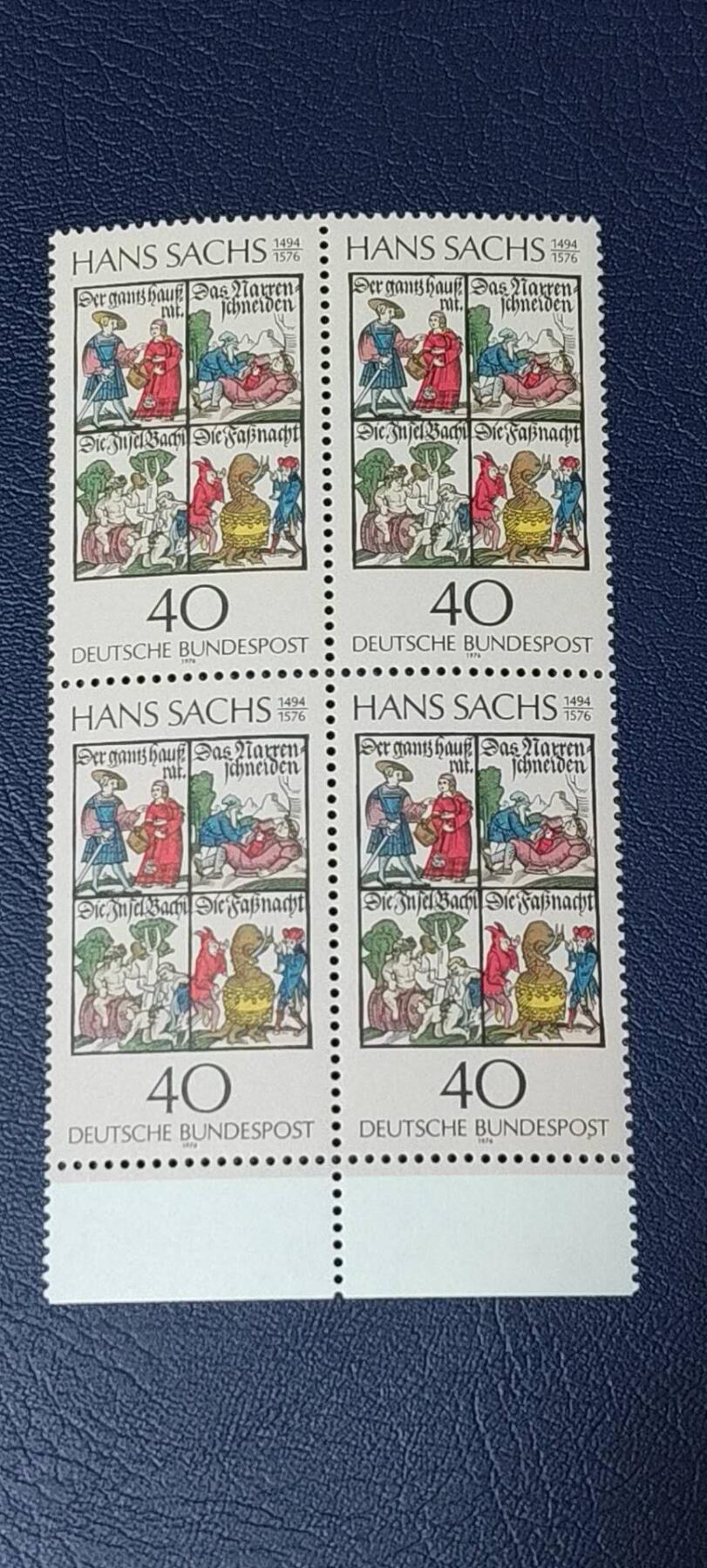 德国邮票专场，都是四方联人物系列 德国邮票四方联一张，1976年发行，作曲家  H.萨克斯逝世400周年。品相如图