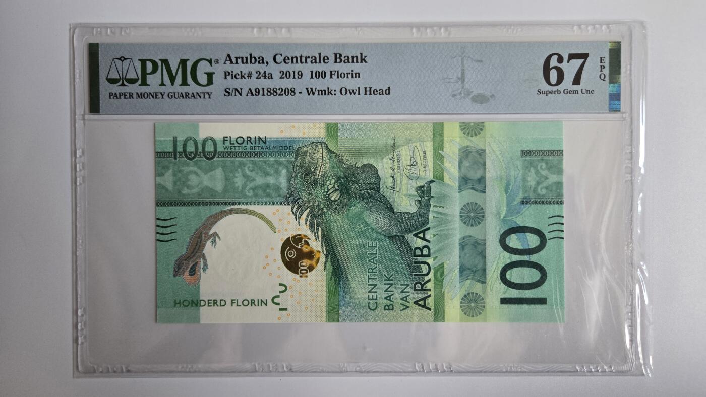 听雨轩评级纸币拍卖专场 阿鲁巴100弗洛林  pmg67   ibns2019最佳纸币  首发A冠  朦胧号尾8