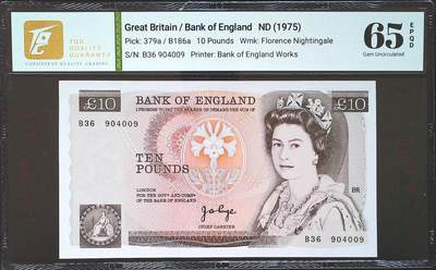 世界靓号纸钞第七十三期 - 1975年英国英格兰银行5镑 D序列 TQG65