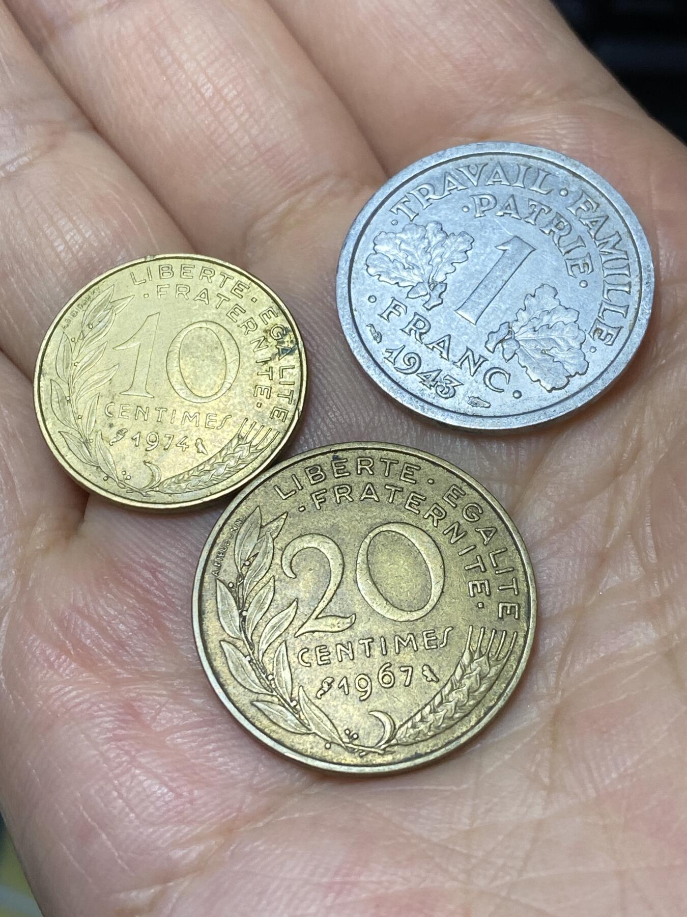 2025年第七十九场(总第一百零五场）外国好品散币(免佣金) 法国🇫🇷3枚：1974年10分，1967年20分，1943年1法郎