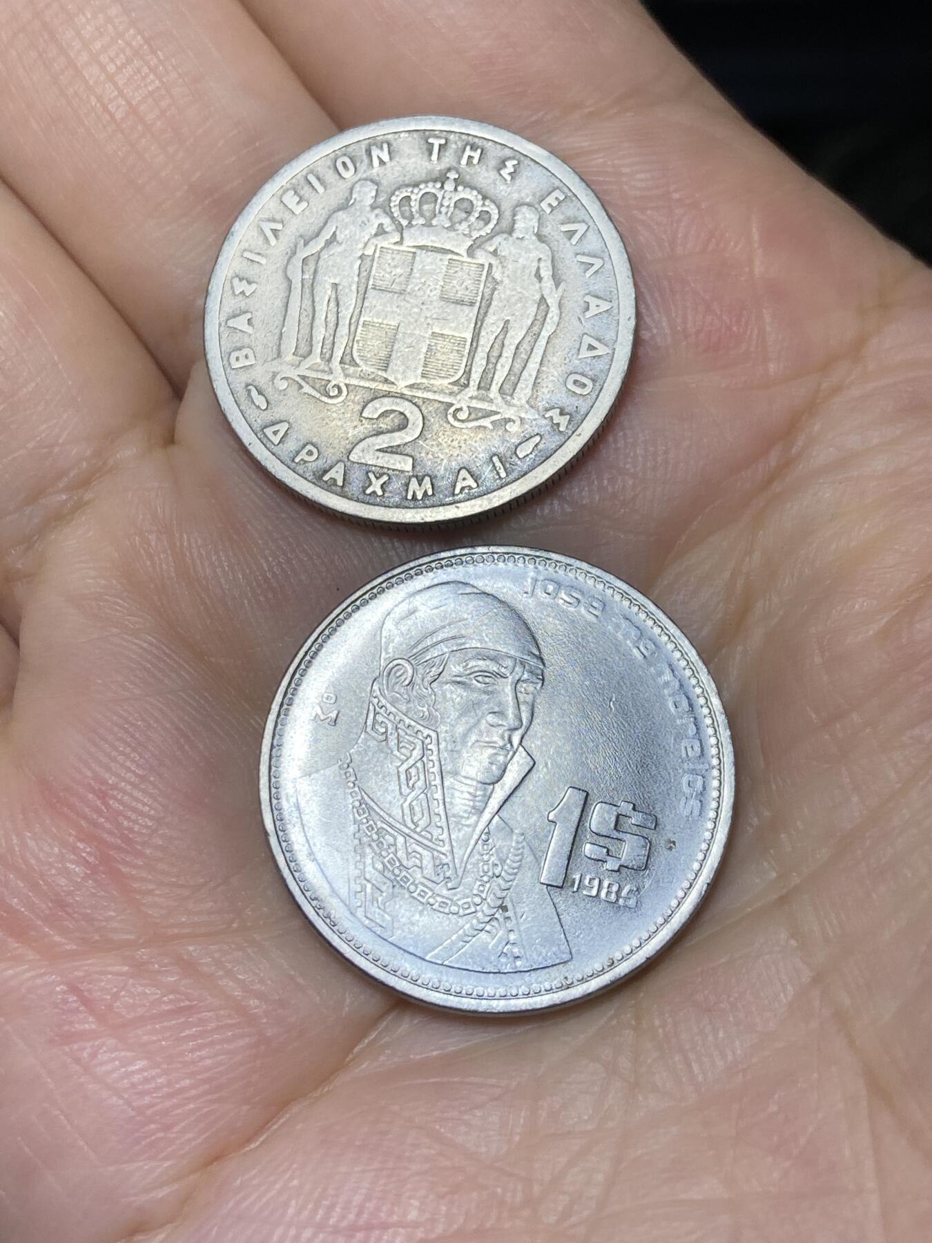 2025年第七十九场(总第一百零五场）外国好品散币(免佣金) 2枚：希腊🇬🇷1954年2德拉克马，墨西哥🇲🇽1985年1比索