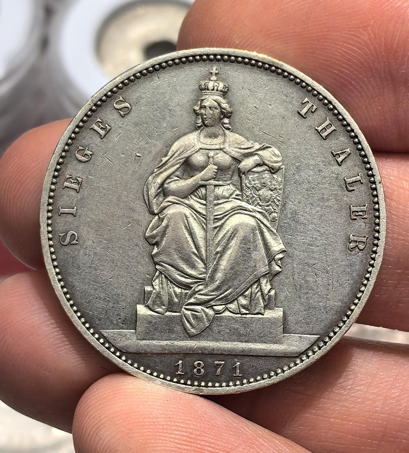 南宋泉阁俄币 外币 国币 专场第十六期【送拍无额外佣金】 德国 普鲁士 1871年 威廉一世 普法战争胜利纪念1泰勒大银币 细节还可以 好品