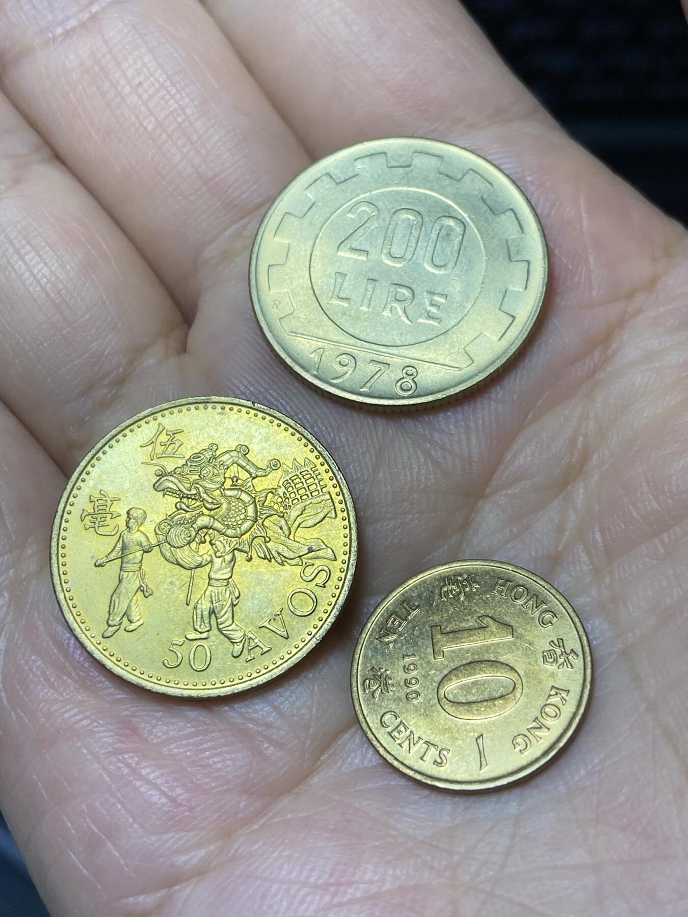 2025年第七十九场(总第一百零五场）外国好品散币(免佣金) 3枚：意大利🇮🇹1978年200里拉，澳门1993年5毫，香港1990年一毫