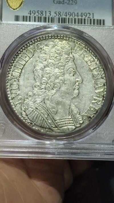 PCGS-AU58法国1712年太阳王路易十四埃居三皇冠埃居银币