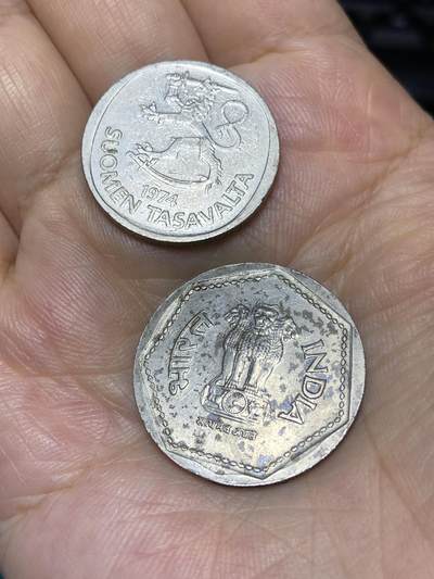 2025年第七十九场(总第一百零五场）外国好品散币(免佣金) 2枚：芬兰🇫🇮1974年1马克，印度🇮🇳1985年1卢比