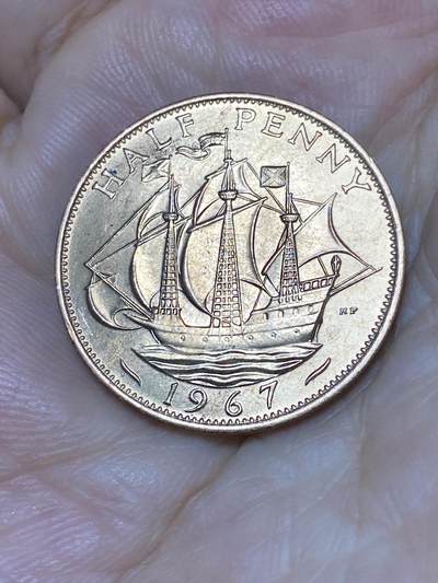 2025年第七十九场(总第一百零五场）外国好品散币(免佣金) 原光未流通–英国🇬🇧1967年半便士(伊丽莎白二世青年桂冠第二版，普制币关门年)