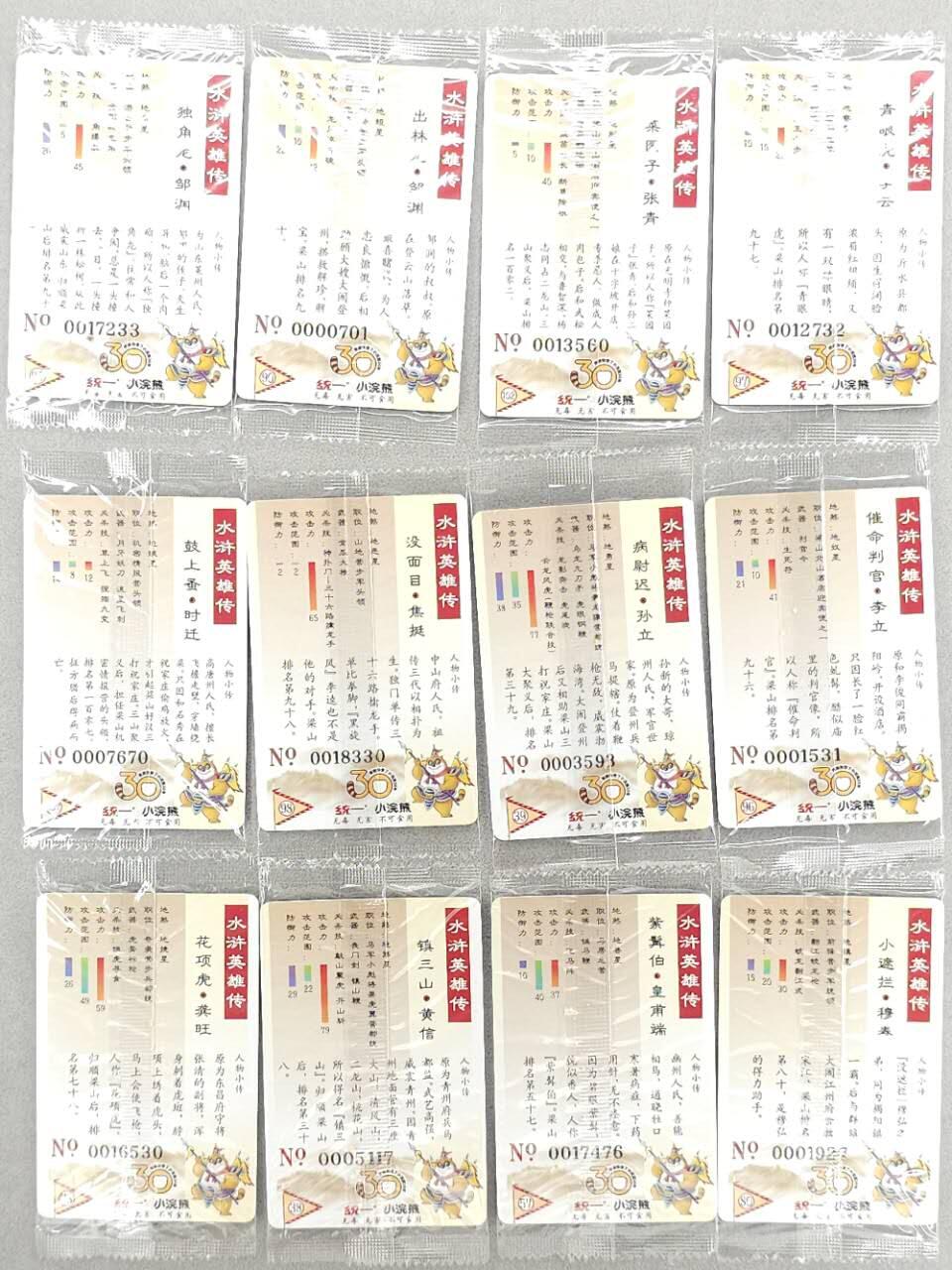 龙虎卡牌第五十场 （无佣金，满120包邮，欢迎送拍，摩点开车） 【大编号】普卡小卡12张 小浣熊30周年 水浒英雄传-十二张不重复（瑕疵，介意勿拍）