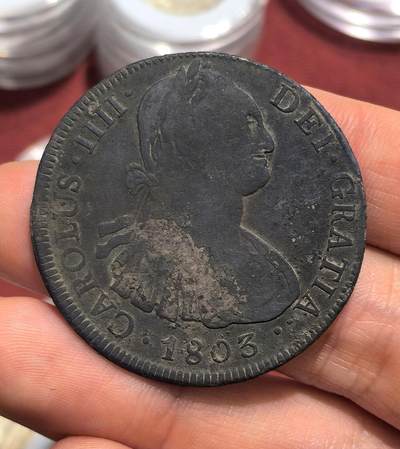 南宋泉阁俄币 外币 国币 专场第十六期【送拍无额外佣金】 - 西班牙 1803年 卡洛斯四世8瑞尔大银币 西班牙双柱 经典品种 细节还可以 紫黑色老包浆 好品