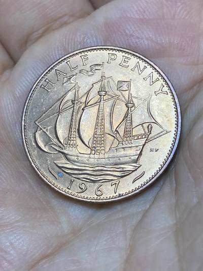 2025年第七十九场(总第一百零五场）外国好品散币(免佣金) 原光未流通–英国🇬🇧1967年半便士(伊丽莎白二世青年桂冠第二版，普制币关门年)
