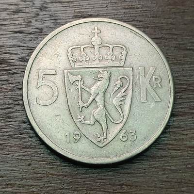 【铜匠收藏】★第127场★散币场，无佣金，30包邮。不满30元，支付5元运费。《接受代拍 代送NGC评级》 - 挪威 1963年 5克朗 镍币