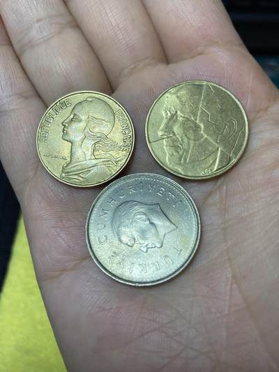 2025年第七十九场(总第一百零五场）外国好品散币(免佣金) 3枚：法国🇫🇷1971年20分，比利时🇧🇪1988年5法郎，土耳其🇹🇷1990年1000里拉