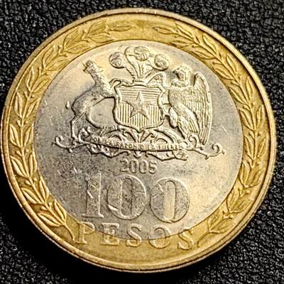泉币菌-第81场-精品福利场 - 原光美品 智利2005年100比索双色双金属币 印第安部落酋长 23.43毫米 7.58克