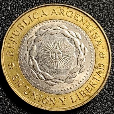 泉币菌-第81场-精品福利场 阿根廷2比索 太阳神双色币 24.5mm美洲币