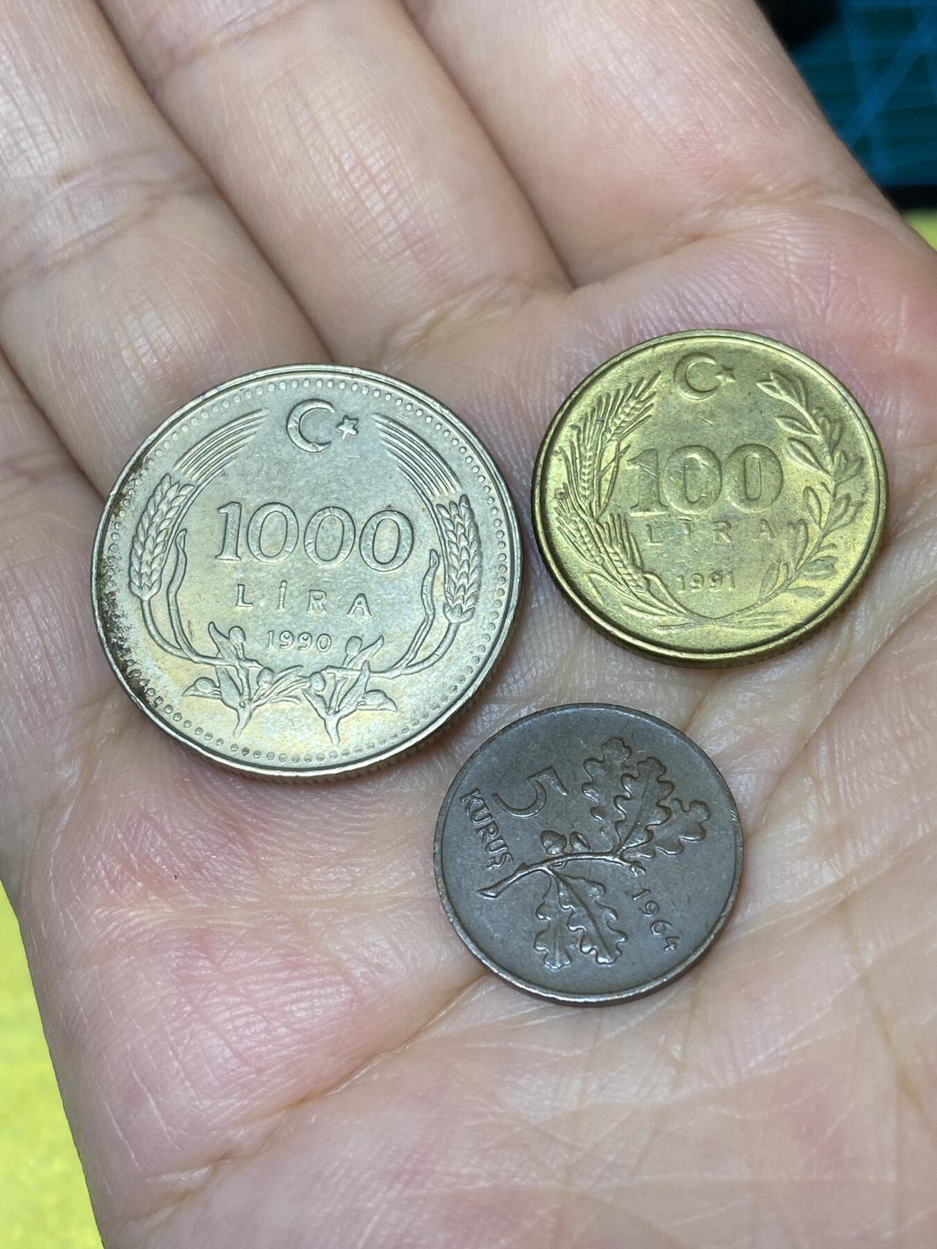 2025年第七十九场(总第一百零五场）外国好品散币(免佣金) 土耳其🇹🇷3枚#1990年1000里拉，1991年100里拉，1964年5库鲁斯