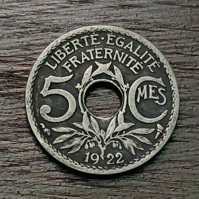 【铜匠收藏】★第127场★散币场，无佣金，30包邮。不满30元，支付5元运费。《接受代拍 代送NGC评级》 - 法国 1922年 5分 中孔镍币
