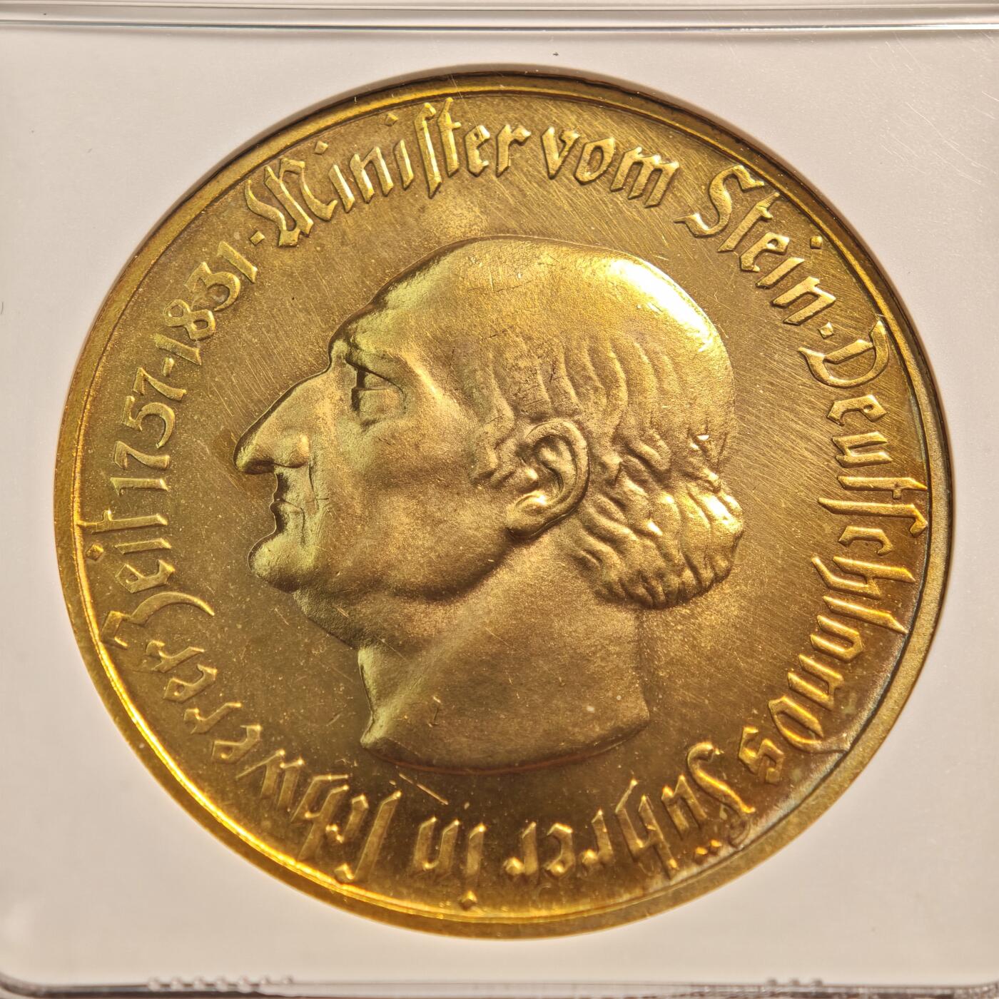【德藏】世界币章拍卖第141期（拍品征集中~欢迎藏友联系） 1923年 德国德紧威斯特法伦500马克镀金大马币铝币 NGC UNC 状态非常好