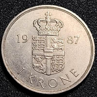 泉币菌-第81场-精品福利场 丹麦1987年1克朗 皇冠 玛格丽特二世女王 BB版 铜镍币 25.5mm