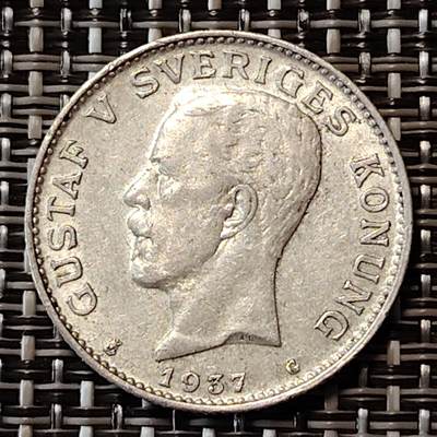 布加迪🐬～世界钱币(上海)🌾第 233 期 /  各国套币和散币 - 瑞典🇸🇪 1937年 1克朗银币 古斯塔夫五世