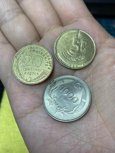 2025年第七十九场(总第一百零五场）外国好品散币(免佣金) - 3枚：法国🇫🇷1971年20分，比利时🇧🇪1988年5法郎，土耳其🇹🇷1990年1000里拉