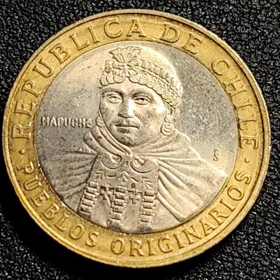 泉币菌-第81场-精品福利场 原光美品 智利2005年100比索双色双金属币 印第安部落酋长 23.43毫米 7.58克
