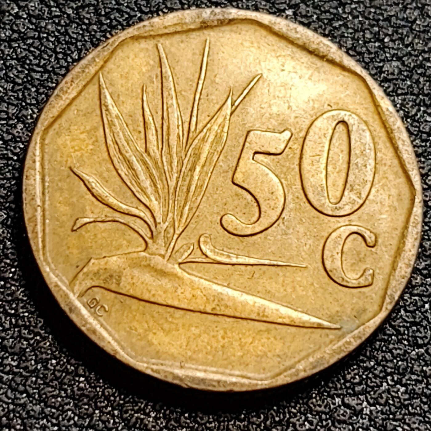 泉币菌-第79场-精品福利场 美品 1993年南非50分硬币 国徽九边形天堂鸟花(鹤望兰)22mm厚1.9mm