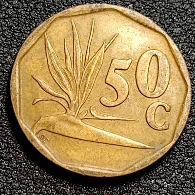 泉币菌-第79场-精品福利场 - 美品 1993年南非50分硬币 国徽九边形天堂鸟花(鹤望兰)22mm厚1.9mm