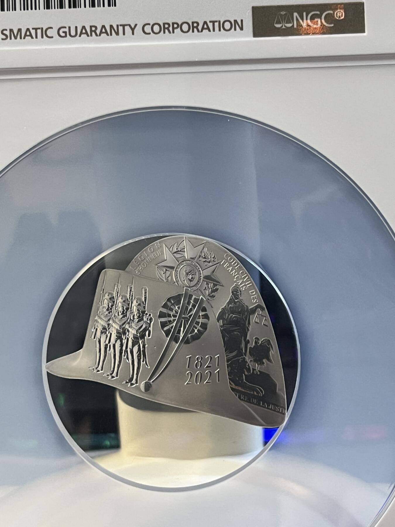 第171期拍卖【长期征集拍品】 法国2021年拿破仑逝世200年异形纪念银币NGC-PF70无盒无证书，999银，22.2克