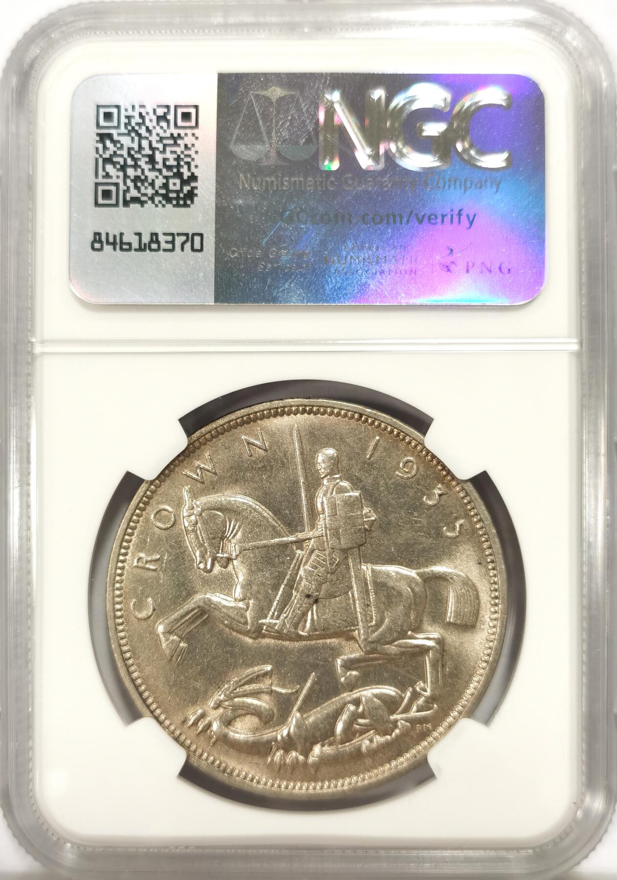 博洋堂世界钱币拍卖第135期（全场包邮）【请留意本场发货时间变化】 英国1935年乔治五世1克朗木马剑银币NGC-MS63，原汁原味老包浆，包浆醇厚，转光强烈细节优秀，状态极佳，状态和品质绝对不输MS64。