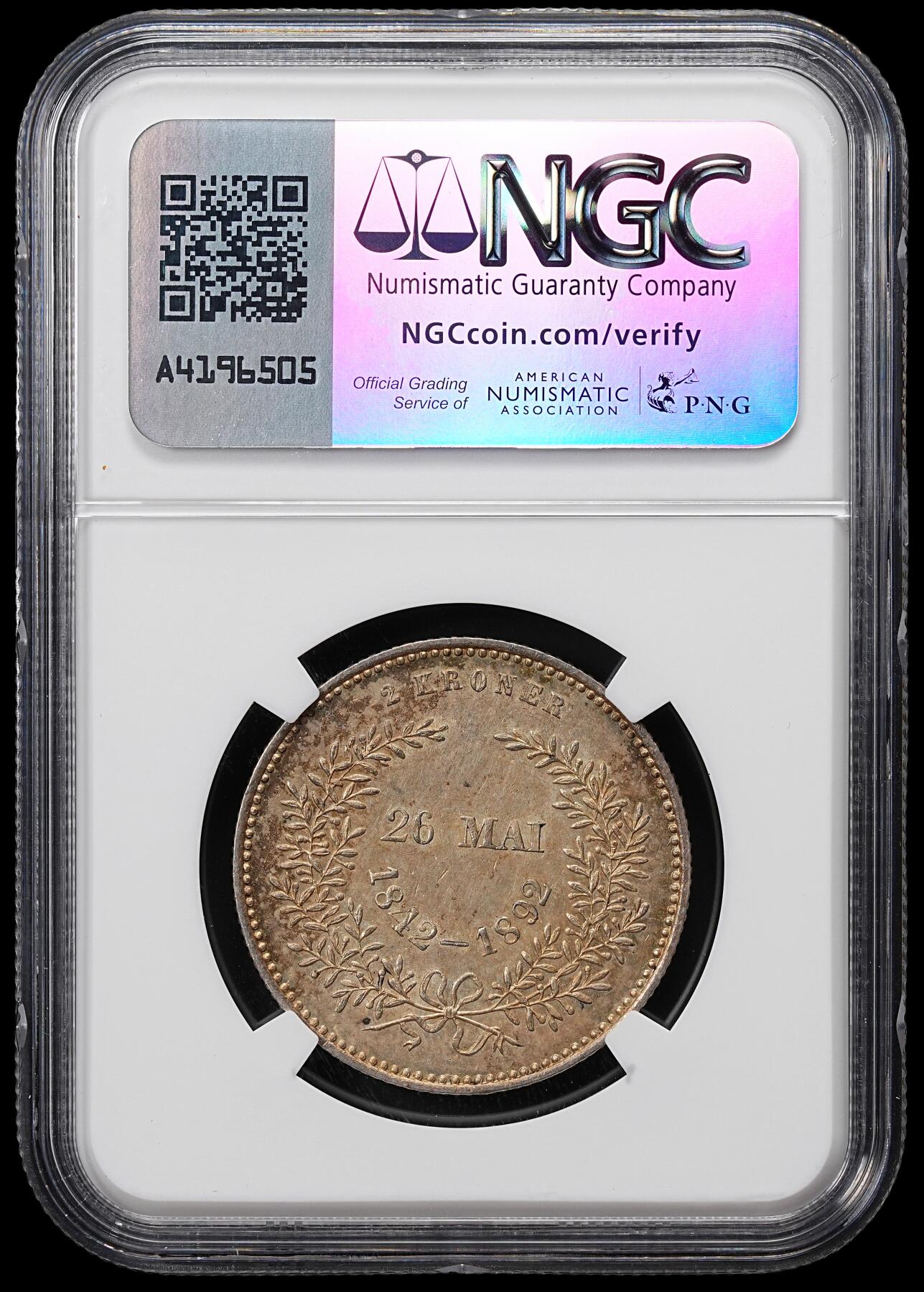 修遠堂世界钱币第八十一期 NGC MS62 1892年丹麦国王金婚纪念2克朗银币